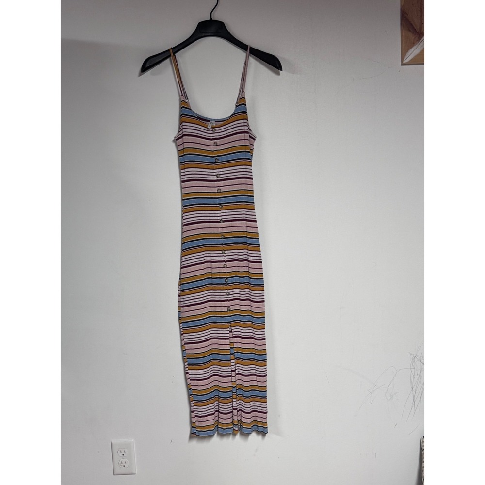 Mudd Womens Striped Ribbed Knit Midi Dress Pink Blue Button Front Sz Small